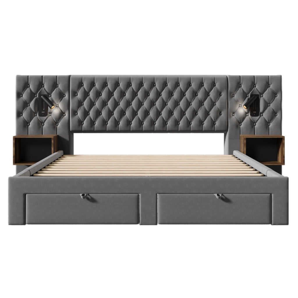 Letto matrimoniale 180x200 cm con 2 comodini; 4 cassetti; USB C e USB; velluto grigio