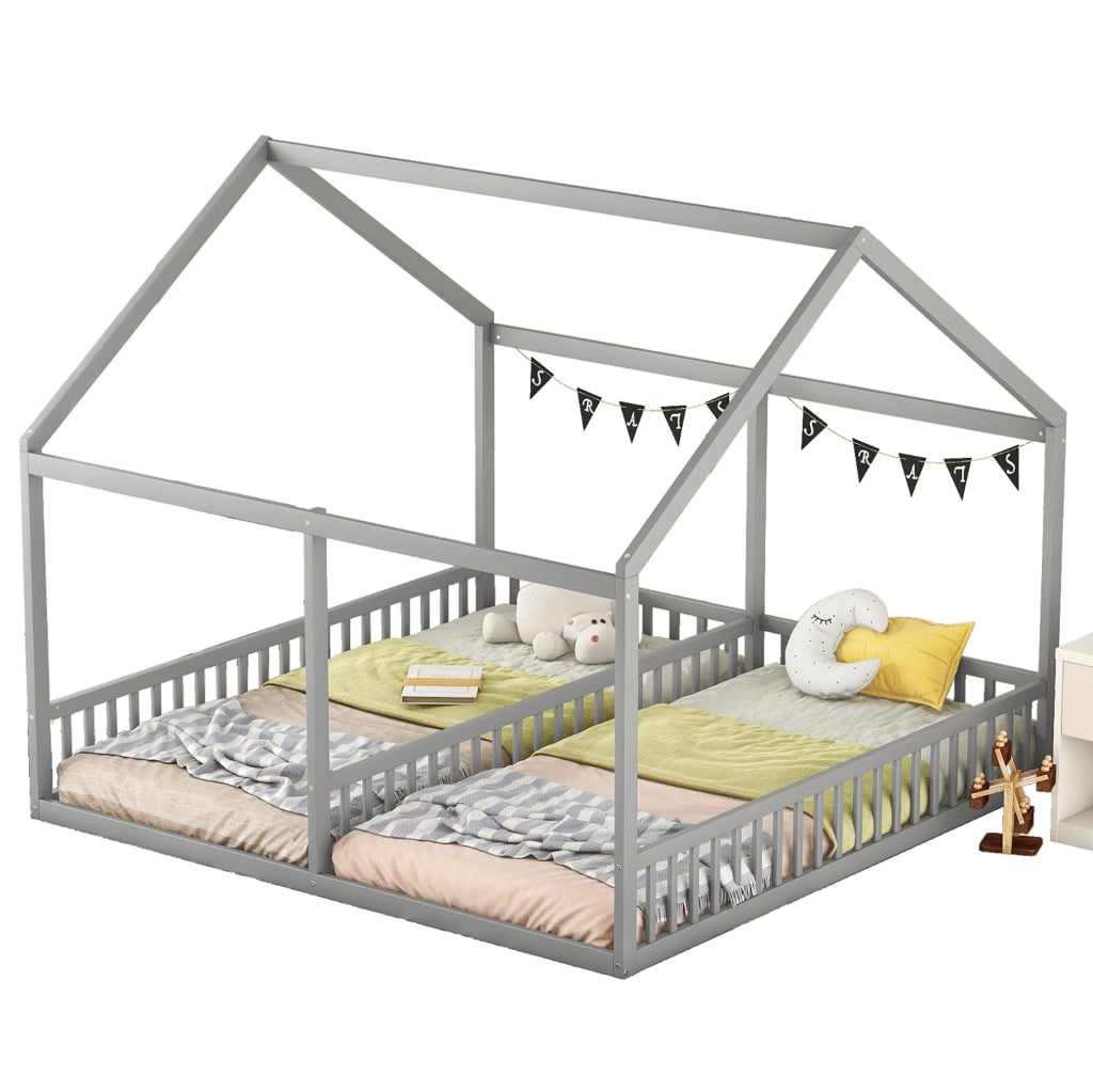 Letto per bambini 2 in 1 a casetta grigio 90 x 200 cm in pino e MDF