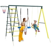 Set Altalene da Giardino Rotonda e Classica, Scalette in Acciaio e Corda e Canestro per Bambini 3-8 Anni