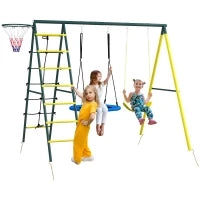 Set Altalene da Giardino Rotonda e Classica, Scalette in Acciaio e Corda e Canestro per Bambini 3-8 Anni