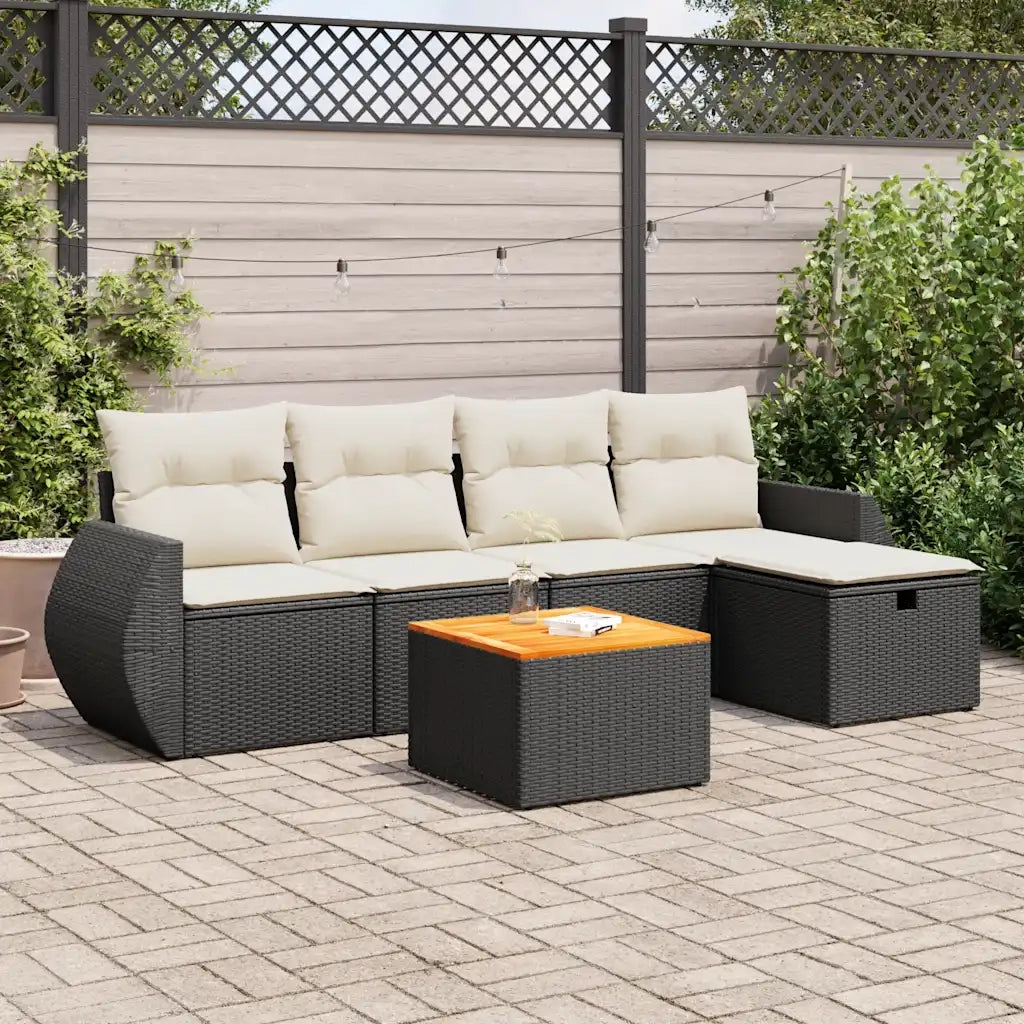Set Divano da Giardino 6 pz con Cuscini Nero in Polyrattan