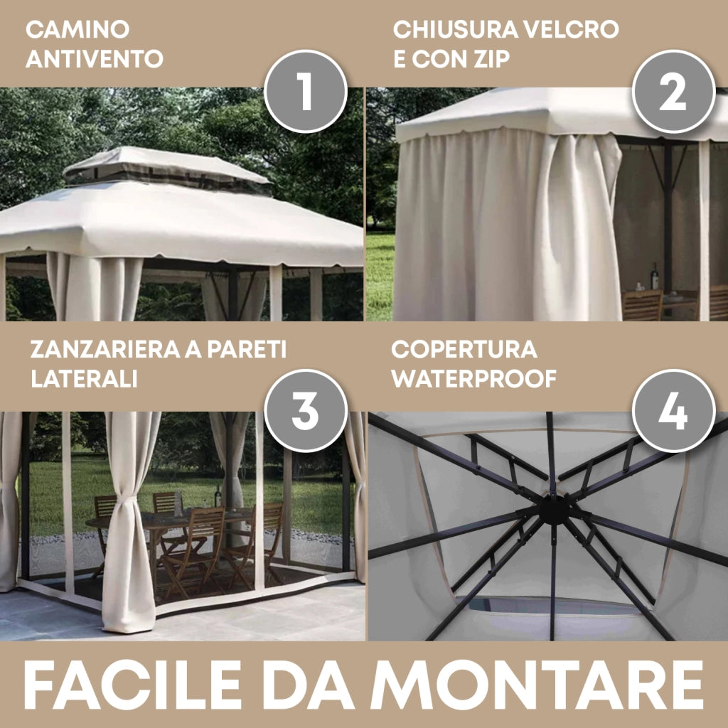 Gazebo Da Giardino Con Zanzariera 3x4 Mt Struttura In Alluminio E Acciaio Con Pareti Laterali E Zanzariere Con Camino Antivento E Copertura Impermeabile Picchetti Inclusi