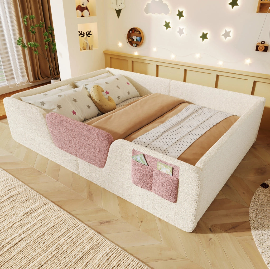 Letto imbottito 140x190 cm con spondine removibili e tasca portaoggetti in velluto beige