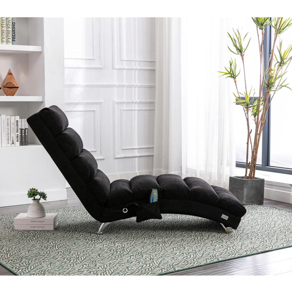 Poltrona chaise longue massaggiante fissa in lino nero con vibrazione e tasca laterale; 55x148x84 cm