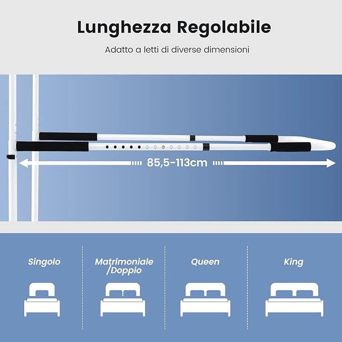 Barra di Supporto per Letto, Barra Regolabili in Lunghezza e Altezza, Sponda Letto Anziani in Metallo Ricoperti di Schiuma per Anziani, Bambini e Disabili, Portata 160 kg
