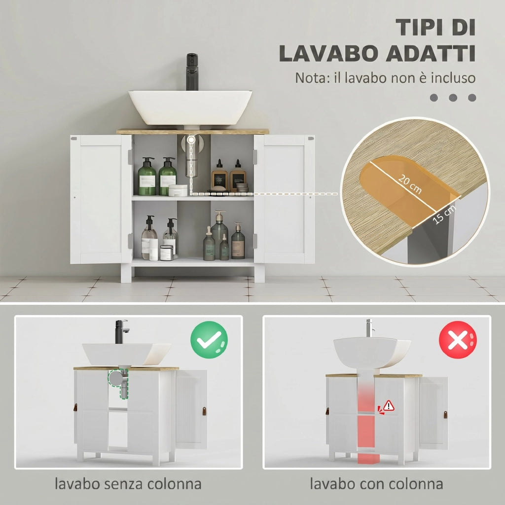 Mobile sottolavabo bagno con 2 ante e ripiano regolabile, 60x30x60 cm, bianco