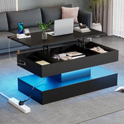 Tavolino da caffè 100x50x42 cm con piano sollevabile; LED integrata e vano nascosto in truciolare nero