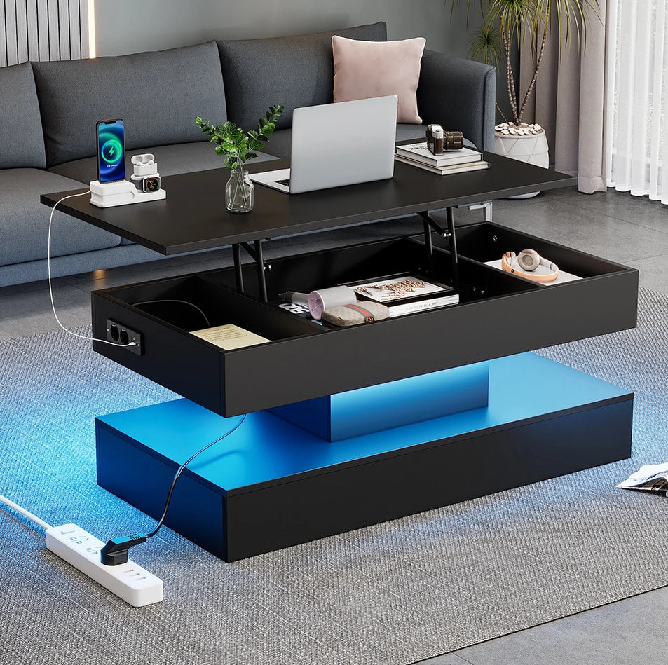 Tavolino da caffè 100x50x42 cm con piano sollevabile; LED integrata e vano nascosto in truciolare nero