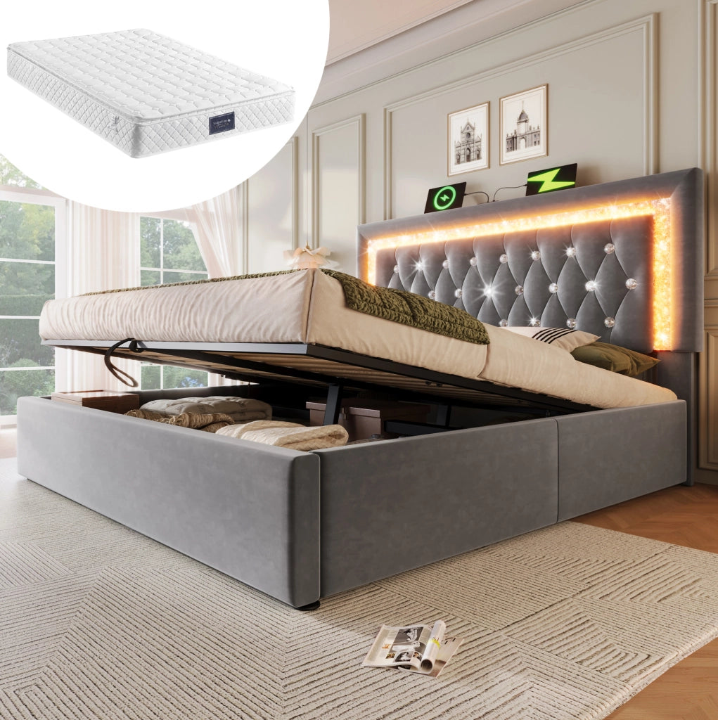 Letto matrimoniale 160x200 cm in velluto grigio con LED; USB Type-C; contenitore e materasso