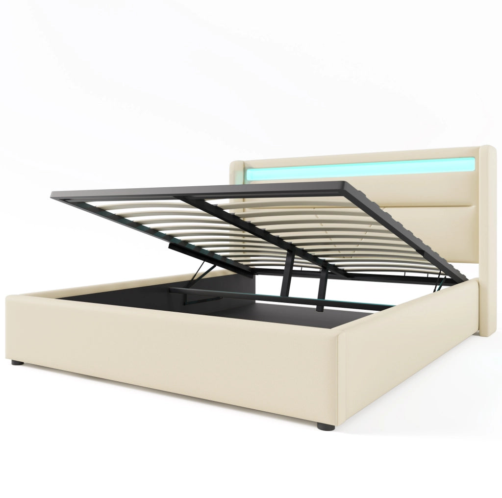 Polsterbett 160x200 cm con contenitore; illuminazione LED; idraulico; bianco in PU