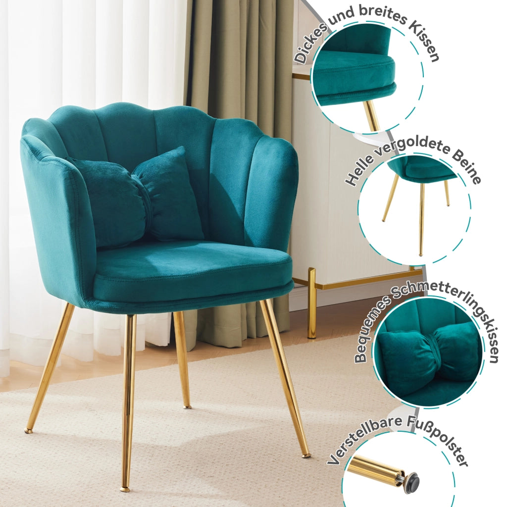 Poltrona decorativa con cuscino e gambe in metallo dorato in velluto verde 63×58×77 cm