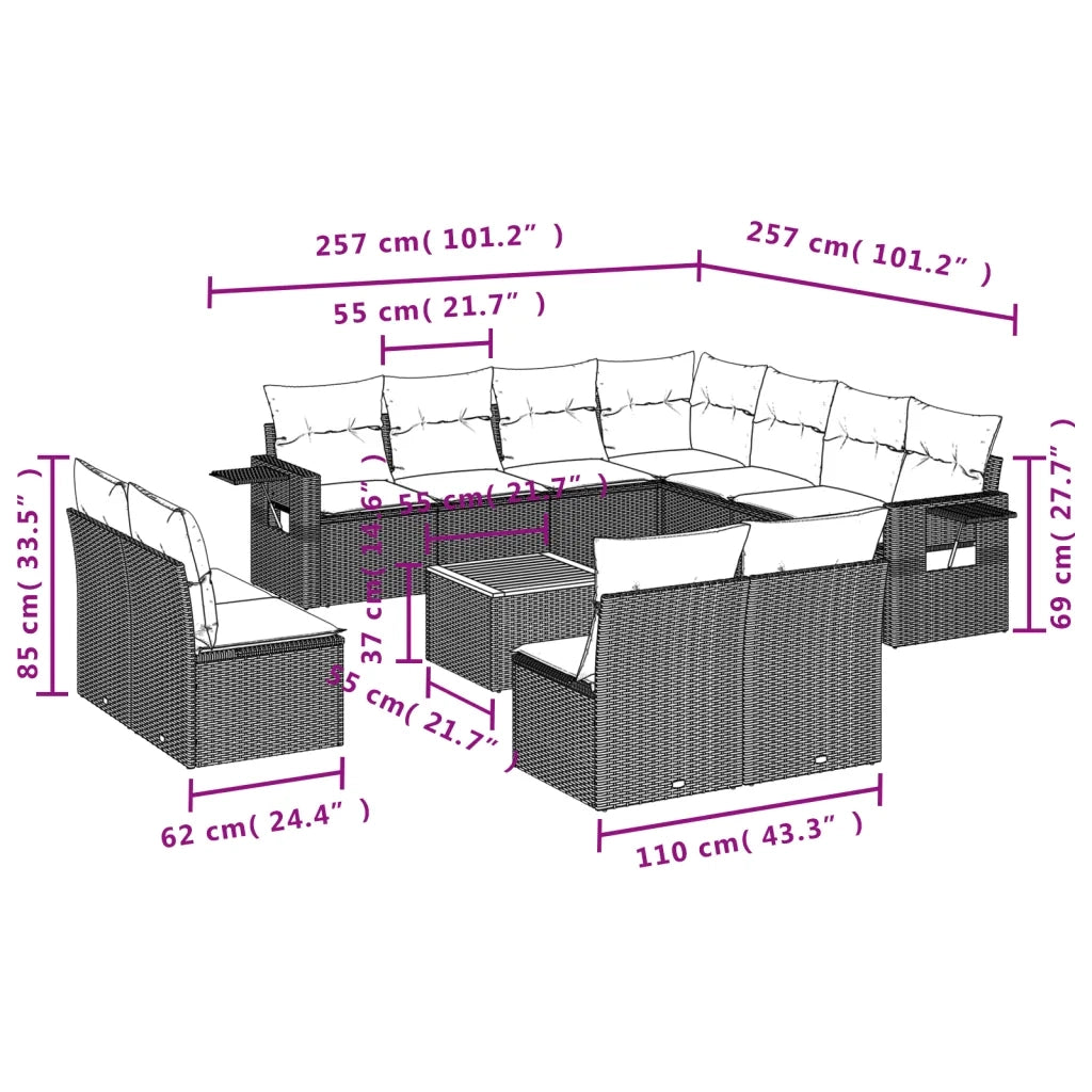 Set Divani da Giardino 12 pz con Cuscini Grigio in Polyrattan 3224625