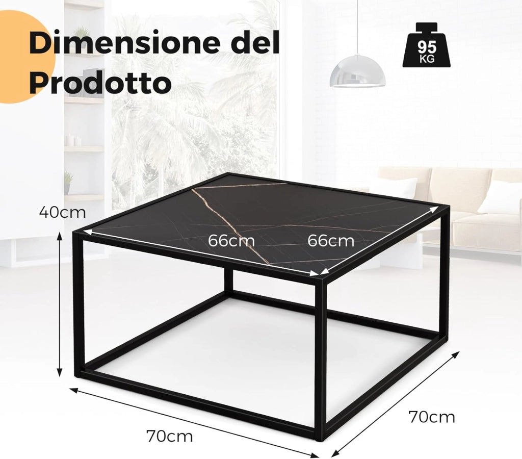 Tavolino da Salotto in Legno, Tavolino Basso con Piano in Finto Marmo e Struttura in Acciaio, Tavolino Basso per Soggiorno e Ufficio, Portata Massima 45 kg, 70 x 70 x 40 cm (Nero)