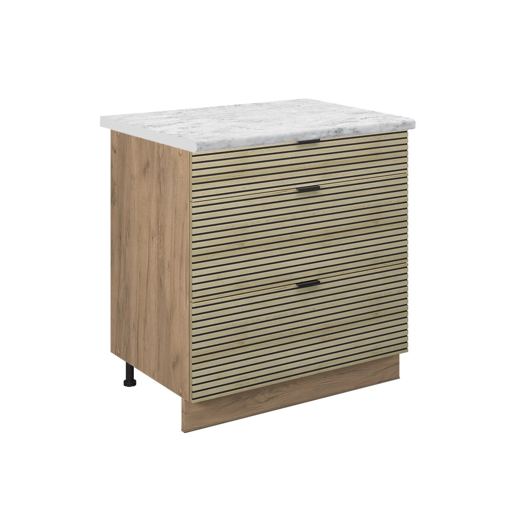 Mobiletto base per cucina Fame-Line Pannello in quercia/Rovere dorato 80 cm con 3 cassetti, PL Marmo Vicco