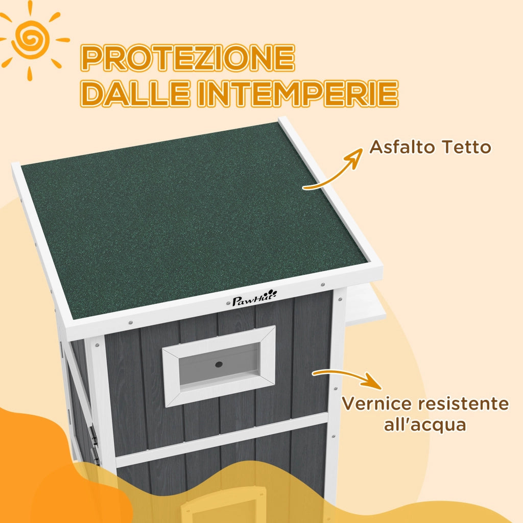 Cuccia per Gatti da Esterno in Legno a 2 Livelli con Tetto ¨C zephmum ¨C Grigio 60x60x90.5cm