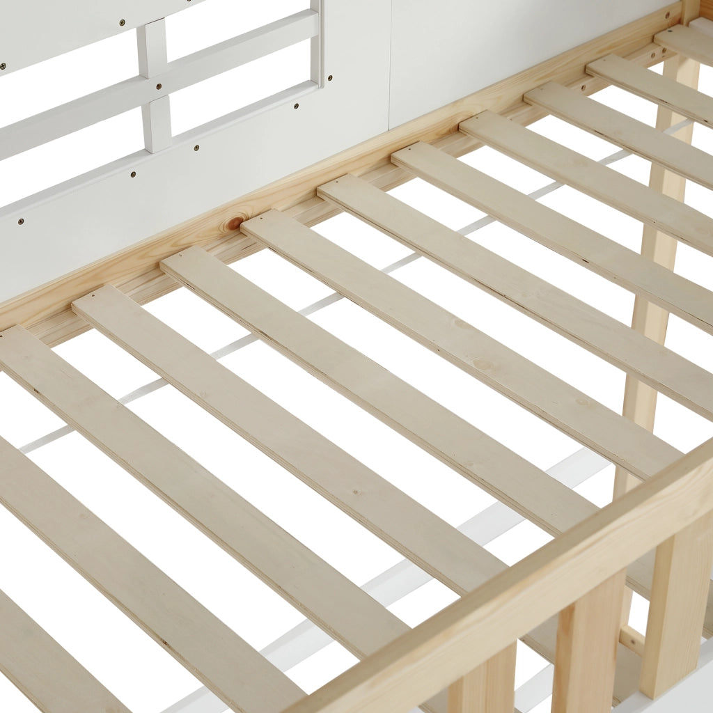 Letto a castello per bambini - Zephmum- Con scala, tetto, finestra e protezioni- 90x200cm- Bianco e naturale