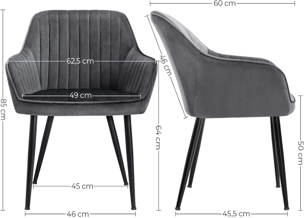 SONGMICS Set di 2 sedie da cucina, sedia in velluto, imbottita, con braccioli, carico max. 120 kg, gambe in metallo, per sala da pranzo, grigio e nero inchiostro LDC087G02