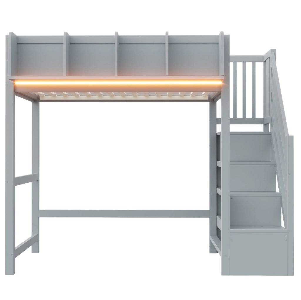 Letto a soppalco 90x200 cm con LED; ripiani e scala con vani in pino; grigio