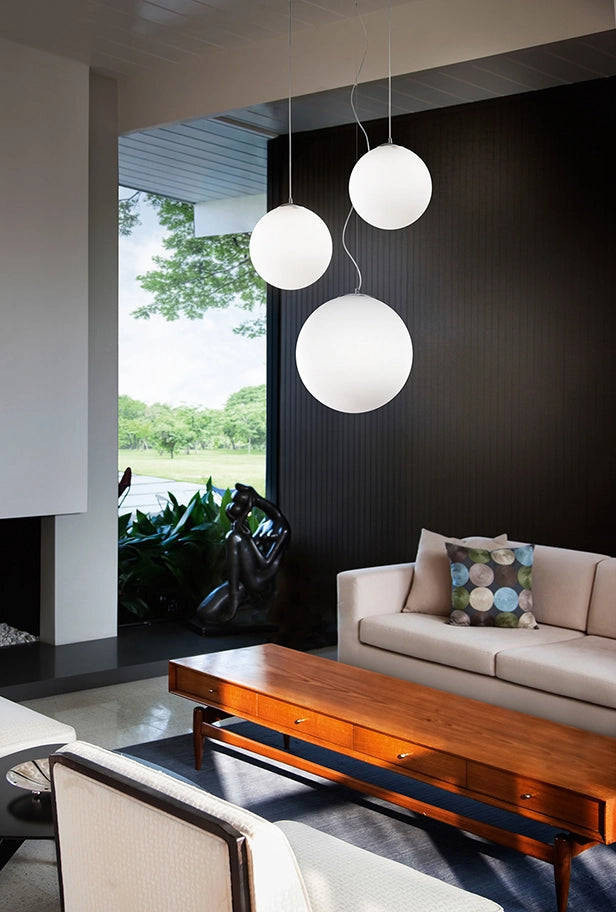Lampada a Sospensione in Vetro Bianco, Attacco 2xE27, Potenza Massima 60W, Diametro 40 cm, Altezza Regolabile, Design Moderno ed Elegante - Perenz