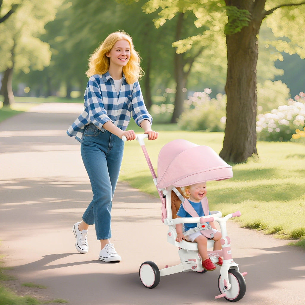 Triciclo 5 in 1 per Bambini con Maniglione di Spinta e Copertura ¨C Xylo ¨C Rosa, 96.5x49x101 cm
