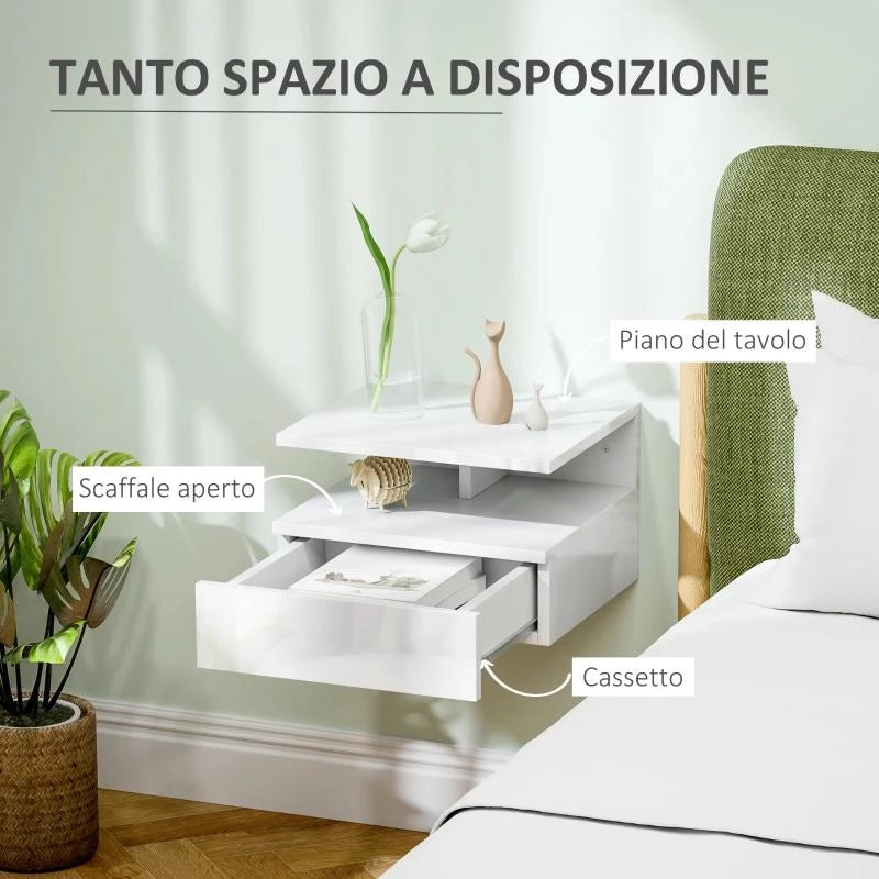 COMODINO SOSPESO PER CAMERA DA LETTO CON CASSETTO E RIPIANO APERTO IN LEGNO, 35X32X22.5 CM, BIANCO