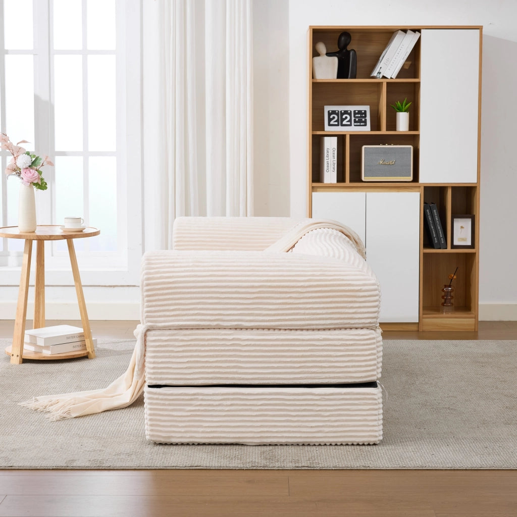 Divano letto convertibile a 2 posti in tessuto a coste con struttura stabile e braccioli imbottiti beige compatto