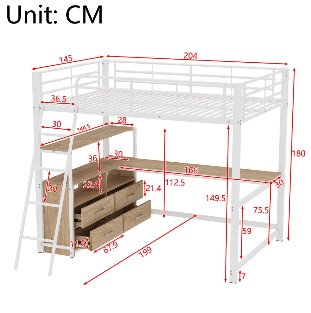 Letto 140 x 200 cm con scrivania a L; 4 cassetti; MDF e metallo; bianco