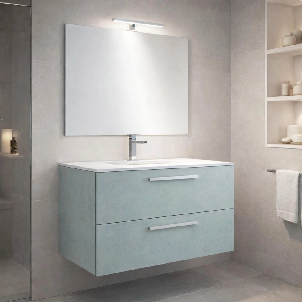 Mobile Bagno Sospeso Con 2 Cassettoni Con Sistema Soft Close Lavandino In Ceramica E Specchio Led Da 30 Cm Design Moderno 57 X 80 X 45 Cm Colore Grigio Cemento