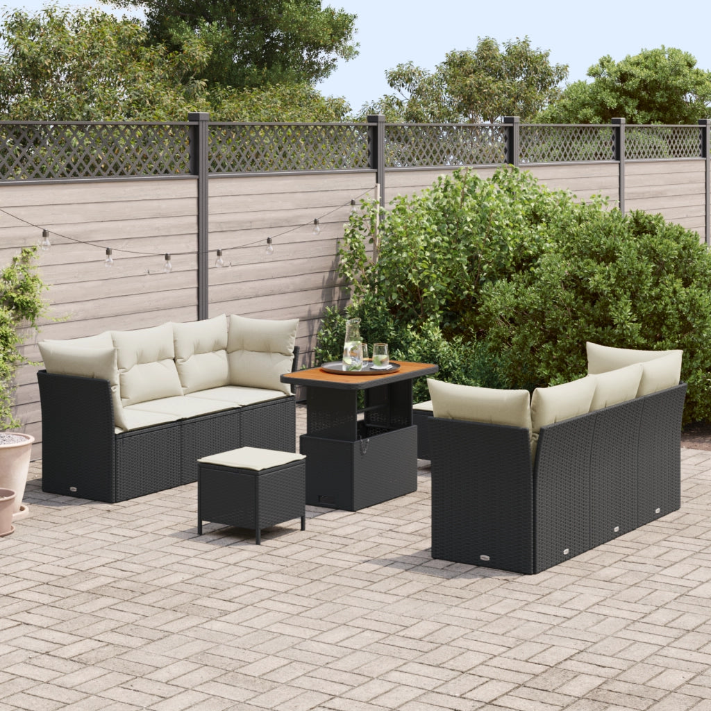 Set Divano da Giardino  a 9 Pezzi con Cuscini Nero Rattan PE Acacia