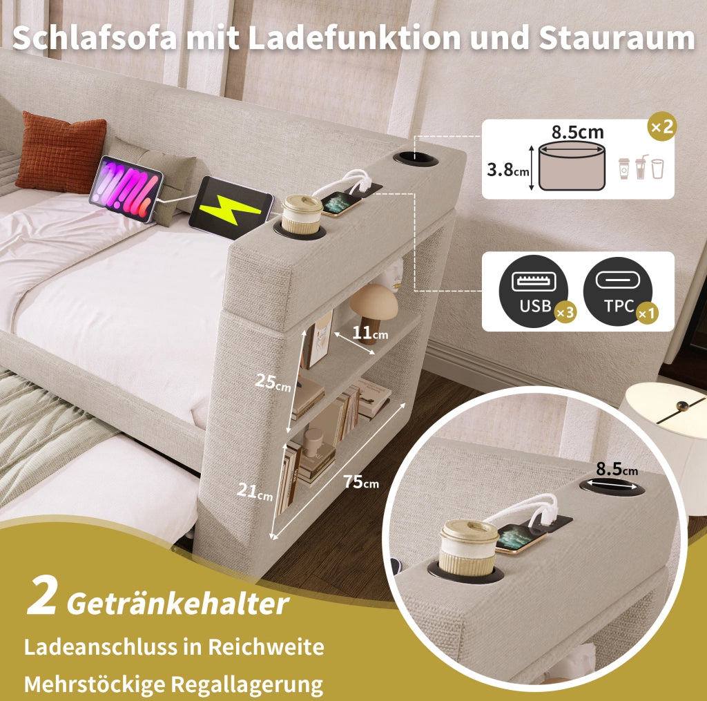 Divano letto estraibile 90x200 cm beige con USB-C e portabicchieri