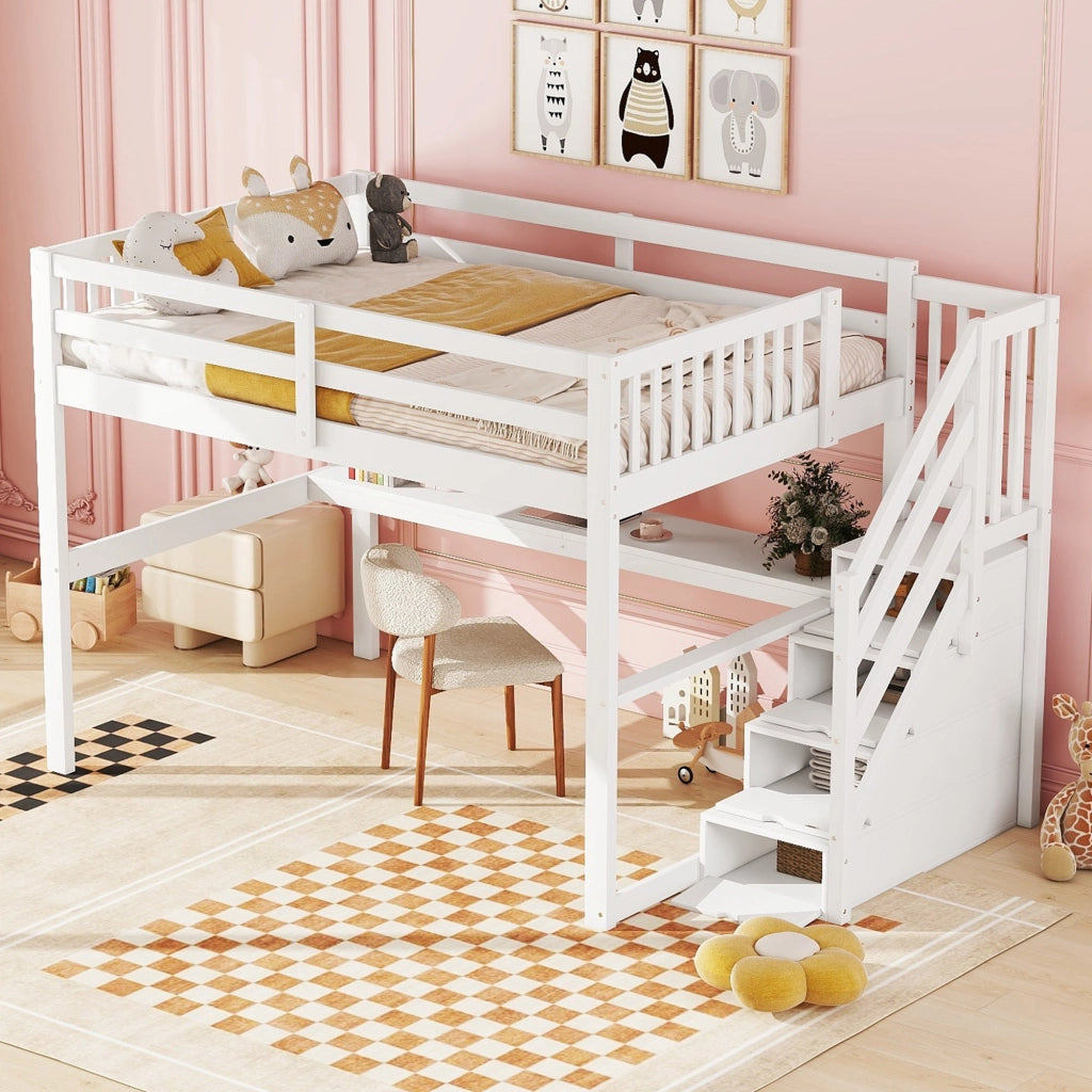 Letto a castello bianco in pino con cassetti portaoggetti e scrivania sottostante 140x200 cm