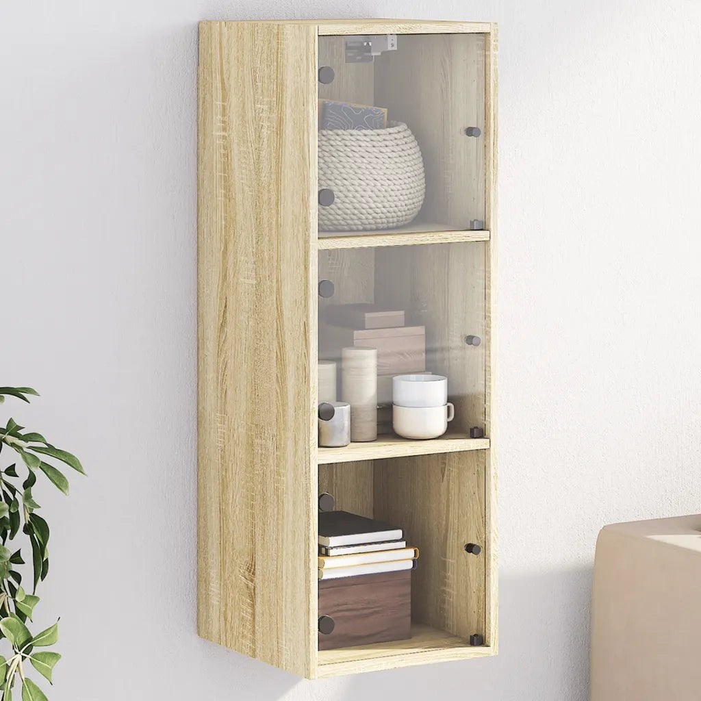 Armadietto a Muro | Mobile a Muro con Ante in Vetro Rovere Sonoma 35x37x100 cm