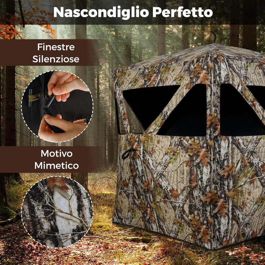 Tenda da Caccia per 2 Persone, Tenda Pop-Up Camouflage con Finestre Scorrevoli Silenziose, Pannelli di Sicurezza e Borsa per Il Trasporto, 140 x 140 x 170 cm