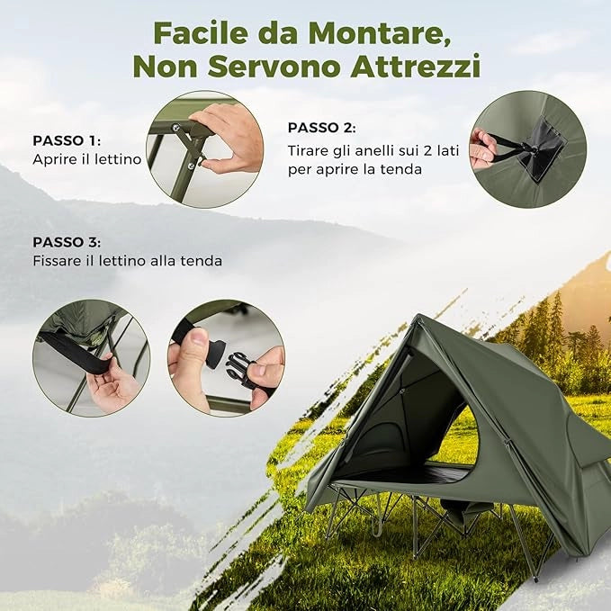 Tenda da Campeggio per 2 Persone, Tenda Impermeabile e Pieghevole con Tenda Pop-up, Letto da Campeggio, Borsa con Ruote, Telo Antipioggia, 2 Porte a Rete e Finestre per Spiaggia e Campeggio