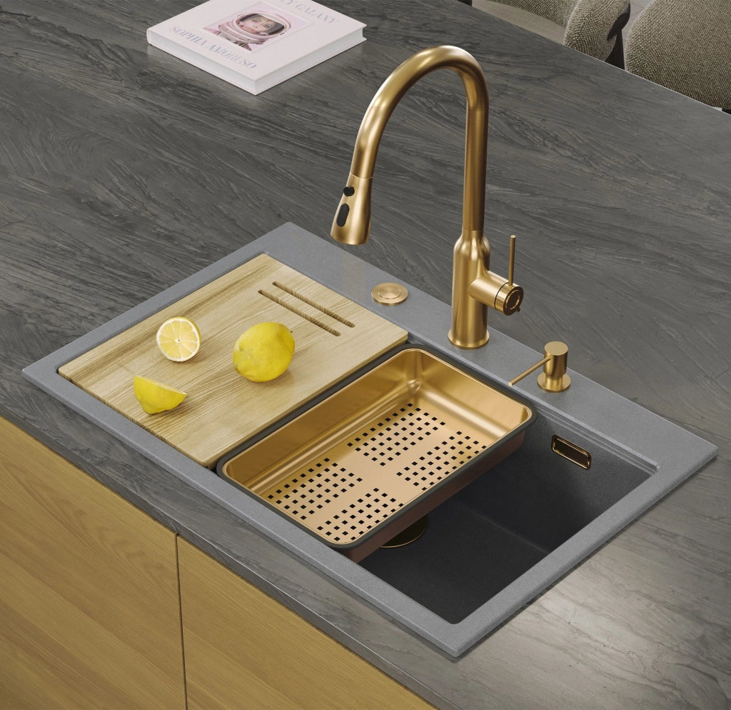 Lavello In Granito Marc 110 Workstation Grey Metallic Tappo oro