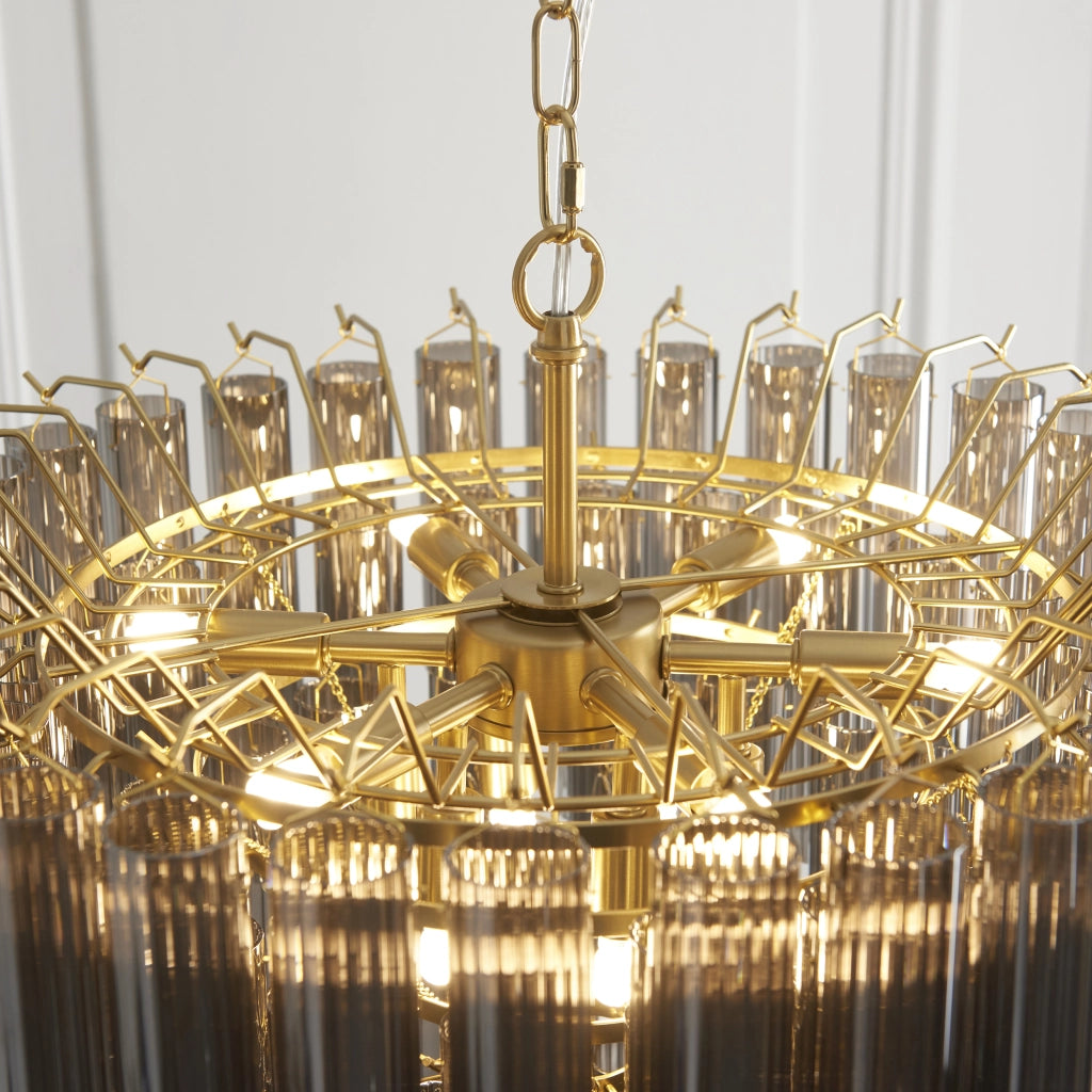 Lampadario Toulouse ottone satinato vetro fumé 12xG9 Endon