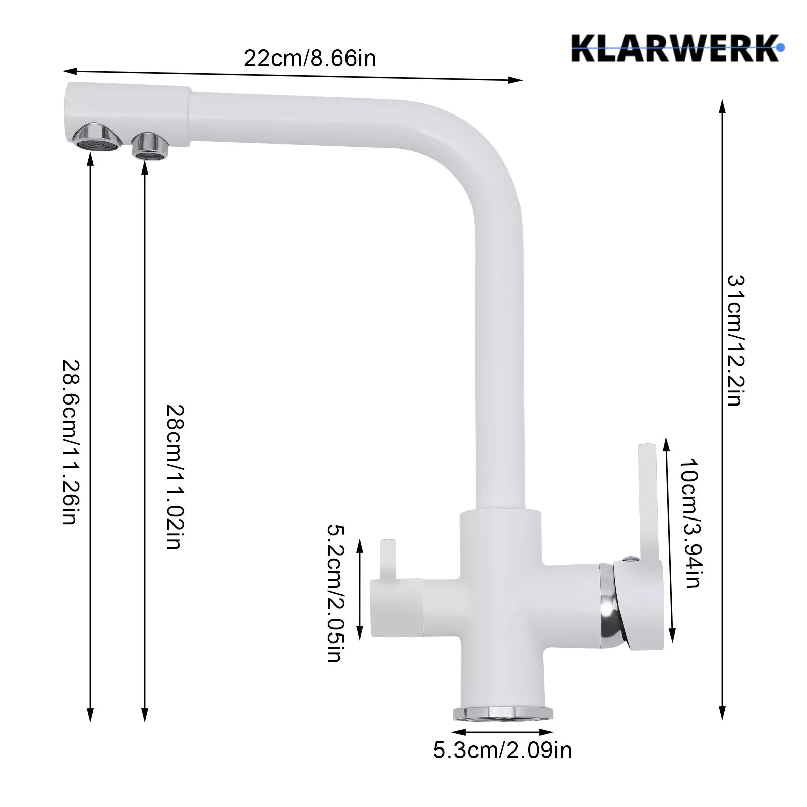 FELIX| Rubinetto per acqua potabile premium a 3 vie bianco opaco | miscelatore da cucina ad osmosi in acciaio inossidabile|Filtro 3 connessioni gastro