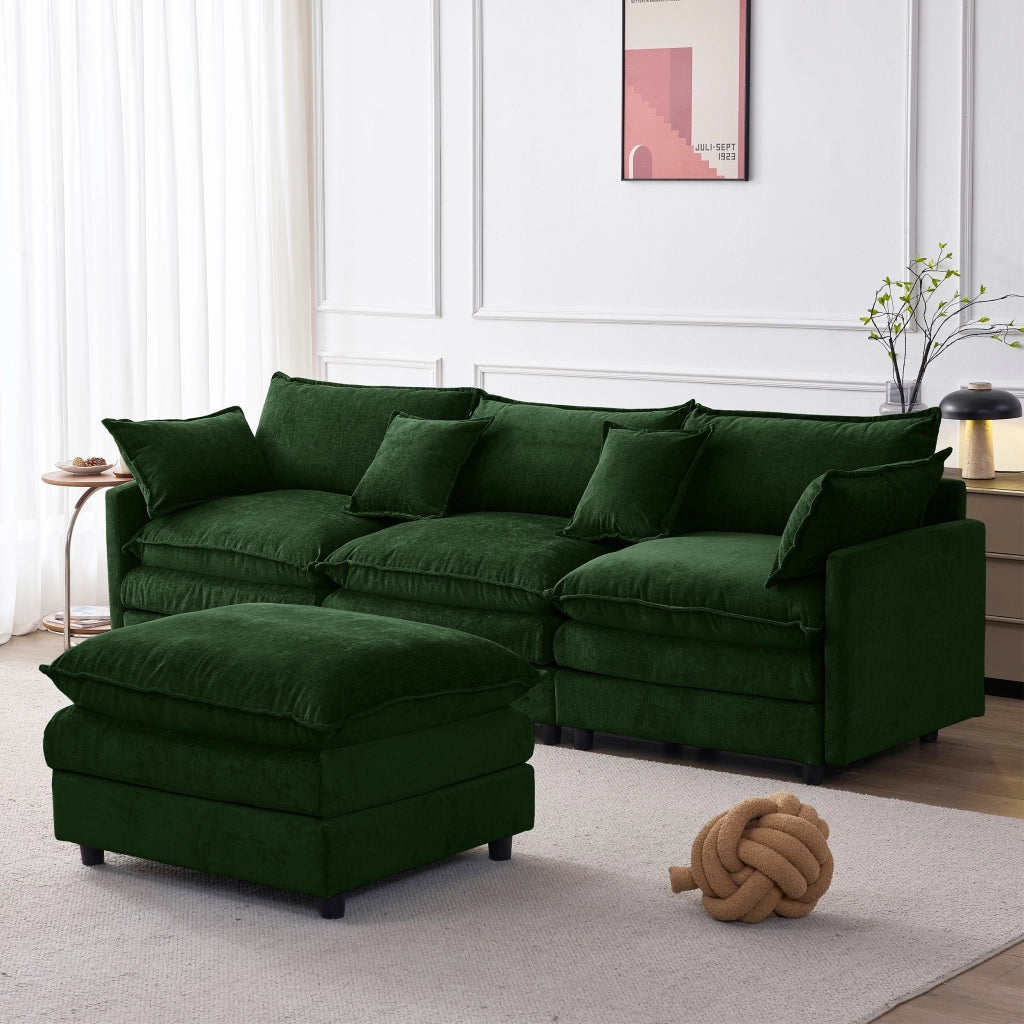 Divano angolare modulare a 3 posti con chaise longue e pouf in chenille verde
