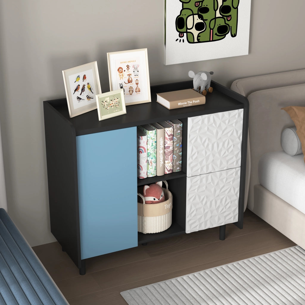 Credenza con 2 cassetti e vano aperto in MDF nero e blu per soggiorno e sala da pranzo 40 × 90 × 80 cm