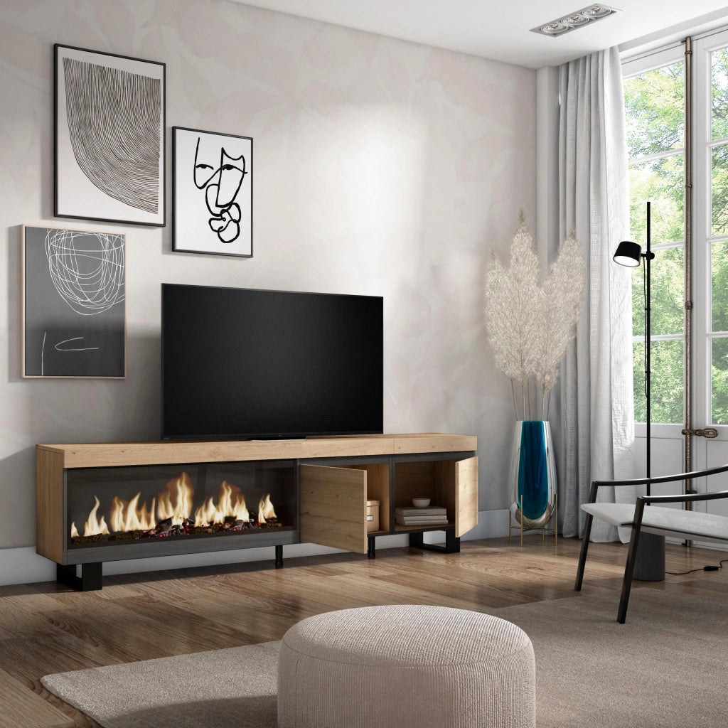 Mobile TV Soggiorno, 208x35x57cm, Per TV fino a 80", Camino elettrico XXL, Design industriale, colore Rovere RF3276