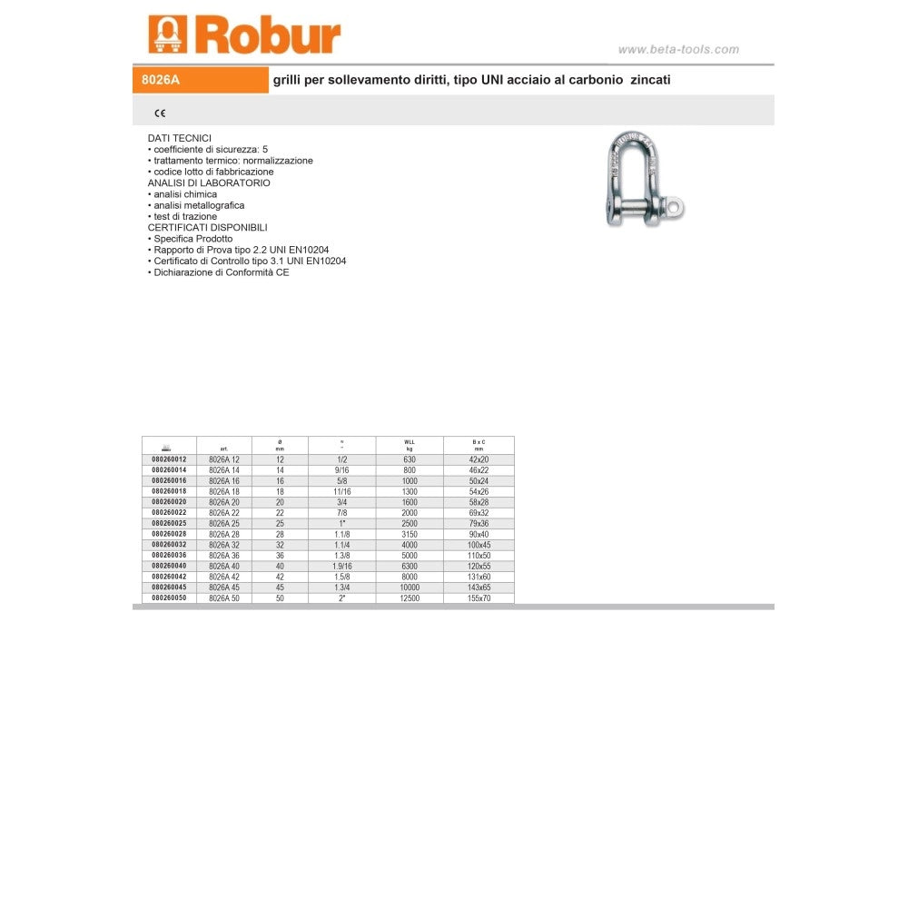 Robur grillo 8mm 5/16 di sollevamento diritto in acciaio zincato