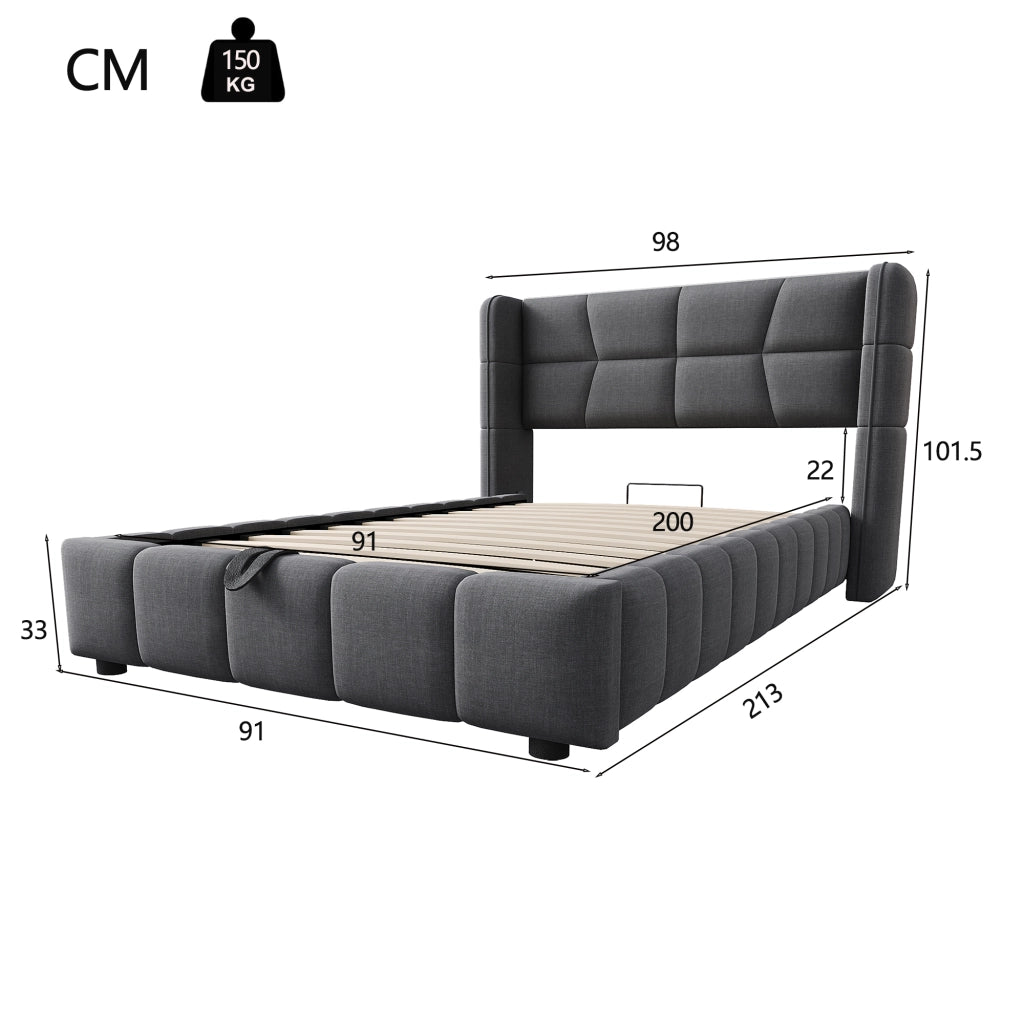Letto per bambini 90 × 200 cm con contenitore a sollevamento, senza materasso, en tessuto, grigio