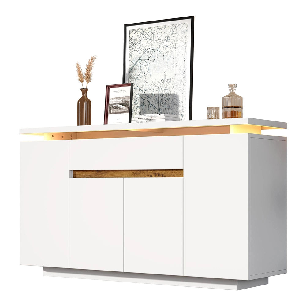 Buffet con illuminazione LED - Xylo - 140x40x80 cm - Bianco - 1 cassetto e 4 porte