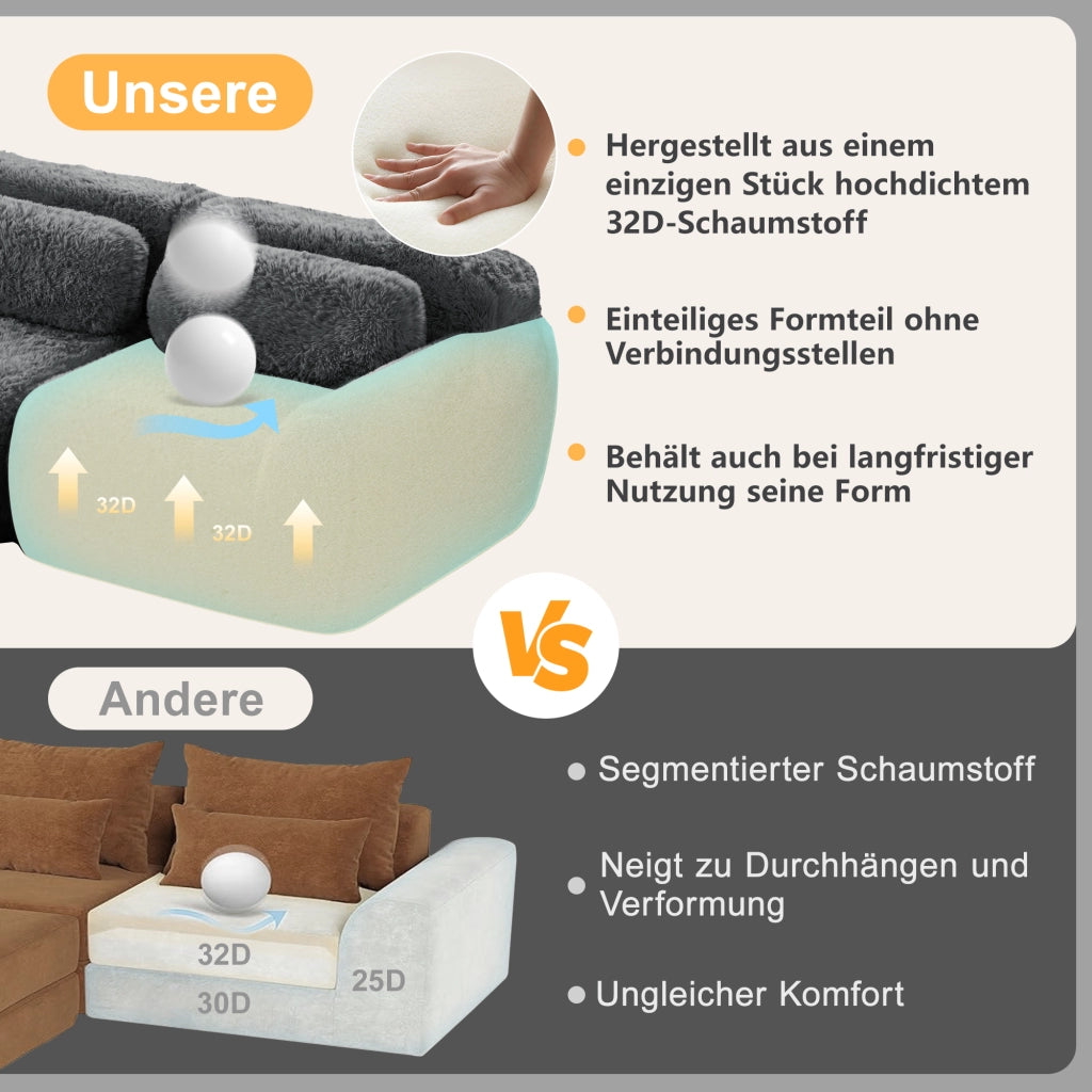 Divano Modulare 4 Posti con Design Ergonomico e Cuscini, in Peluche Grigio 378 × 104 × 73 cm