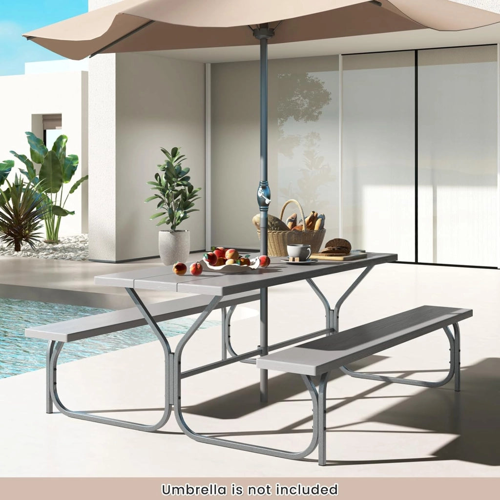 Set Tavolo da Picnic con Panche per 8 Persone, Tavolo da Campeggio con Foro per Ombrellone, Telaio in Metallo, Tavolino da Picnic Rettangolare con Sedute per Patio (Grigio)