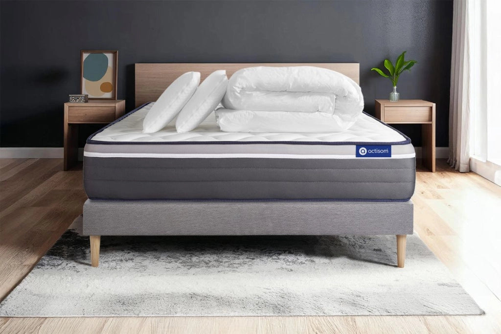 Pacchetto letto completo - Materasso 140x190cm + Box spring con doghe (in kit) + 2 cuscini + Piumino - ActiMemo Plus