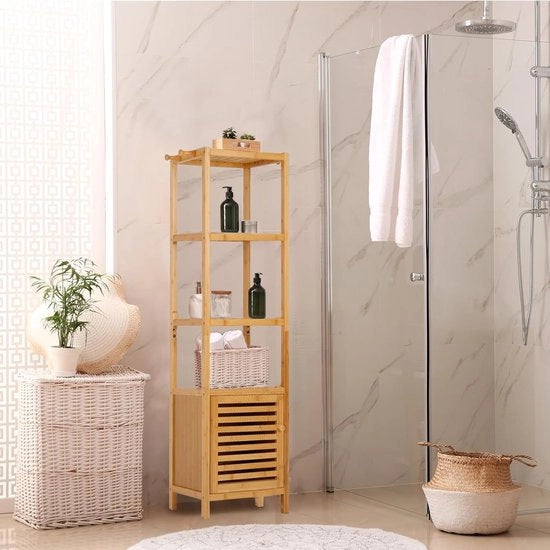mobiletto libero alto e stretto con pannelli a pavimento sottile con 3 pannelli aperti e porta 33,8 x 33 x 140 cm