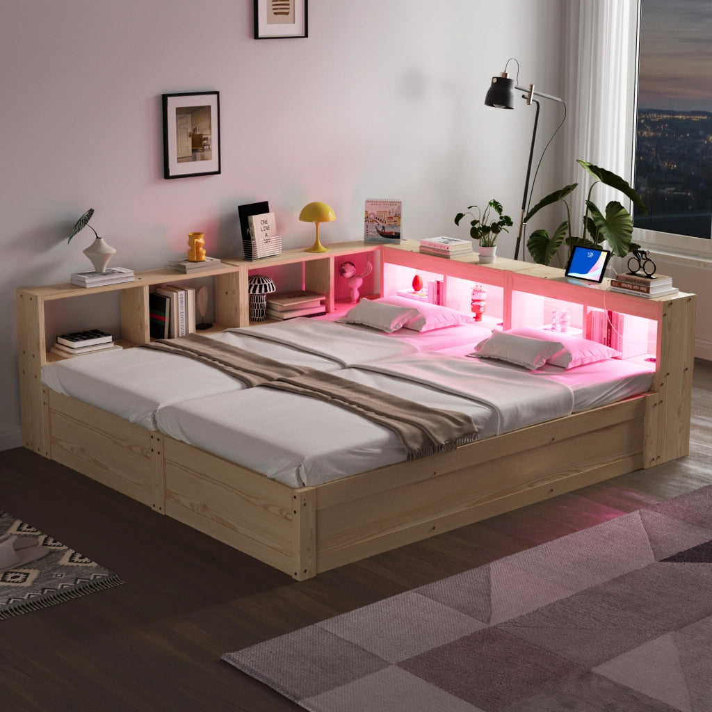 Letto divano 90/180 × 200 cm con prese integrate, contenitore, LED, senza materasso, in MDF, legno naturale