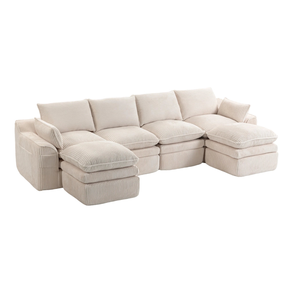Divano modulare in corduroy beige con tasche laterali, cuscini inclusi e struttura in schiuma a 3 strati