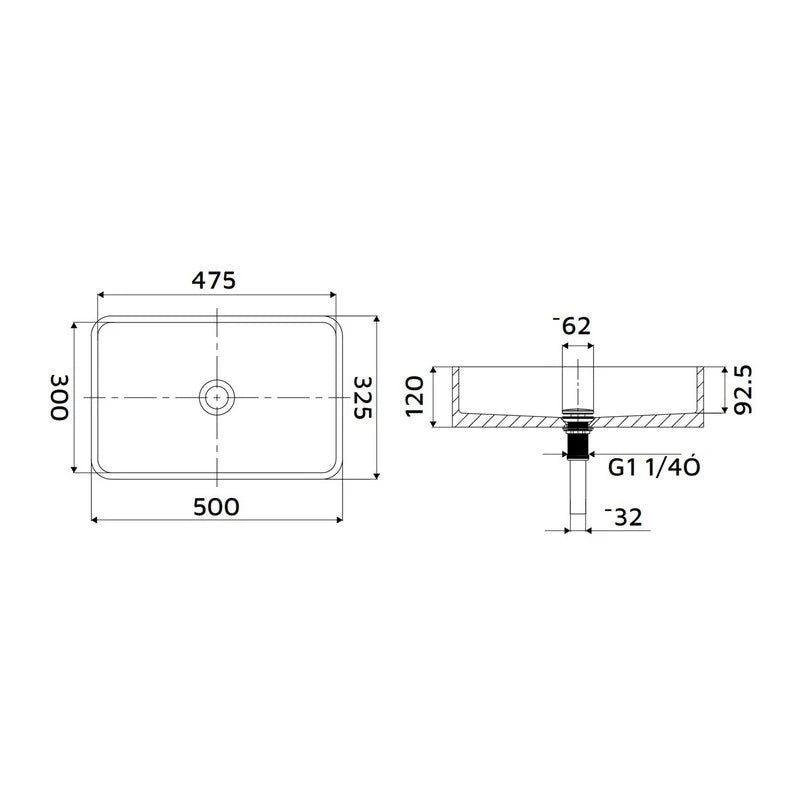 Lavabo da appoggio rettangolare 500x325x120 mm con piletta inclusa